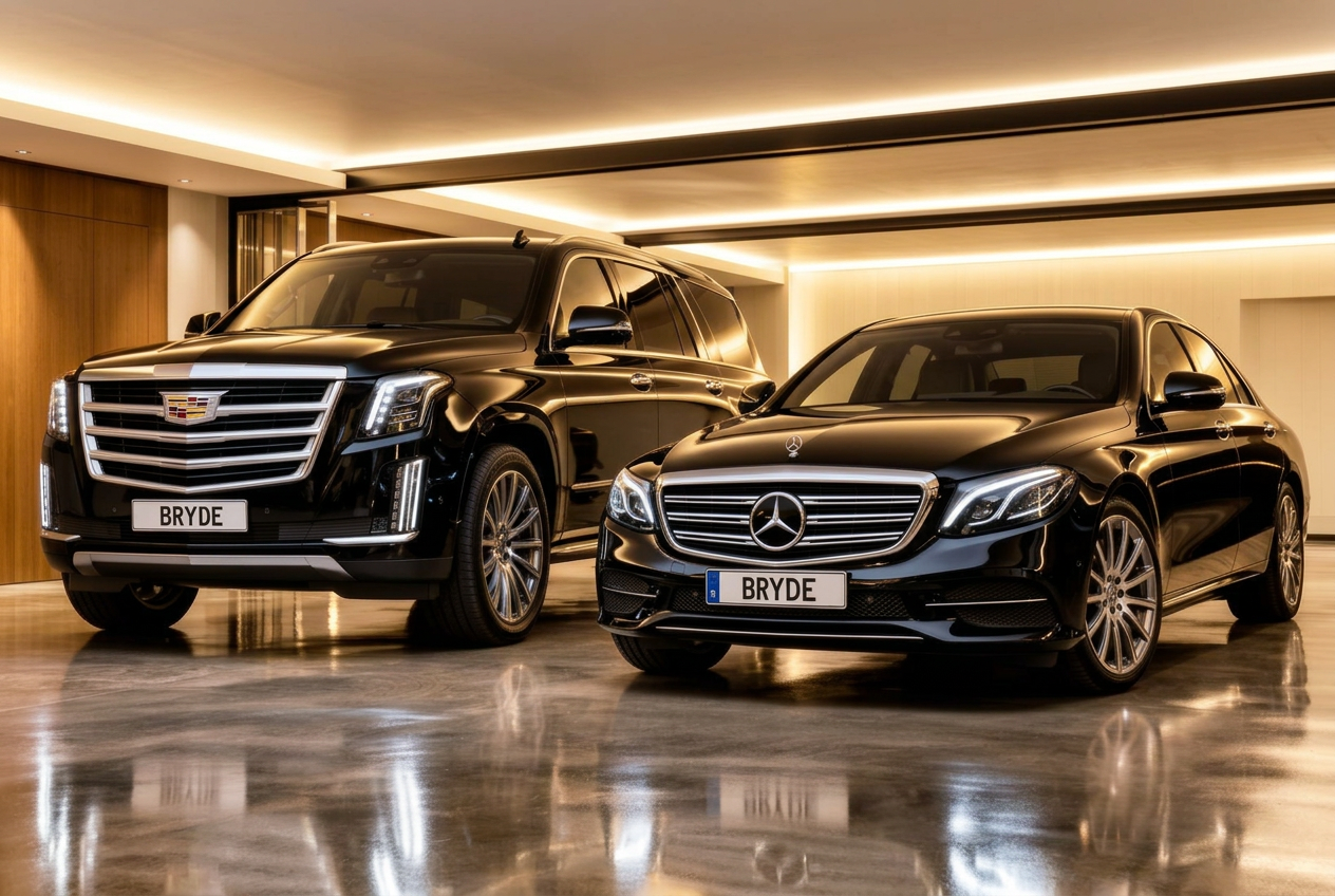 Premium black sedan and SUV in a luxury garage with gold lighting